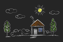 House, Sun, Tree - Doodle Drawings Are Drawn By Child's Hand In Chalk On The Asphalt Or On The School Blackboard. White Lines And Color Coloring On Black Blue Background