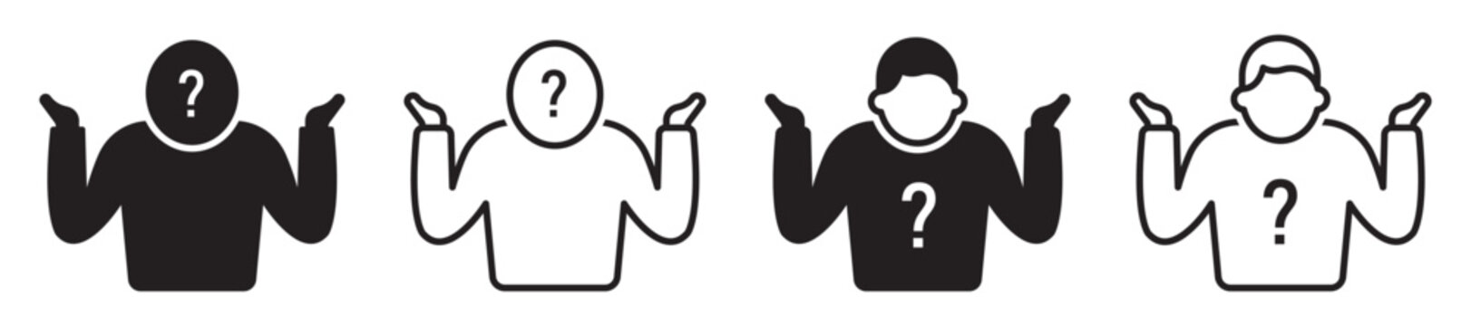 Set of shrug icons, doubt. Question mark, unsure, people, man. Vector.