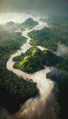 Wall Mural - Aerial view of tropical rainforest and river. Climate and nature concept landscape. 3D illustration.