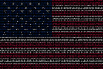 matrix binary code of zeros and ones in usa flag colors. Concept of computer modern technology and cyberspace