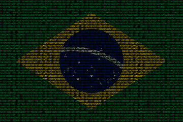 matrix binary code of zeros and ones in brazil flag colors. Concept of computer modern technology and cyberspace