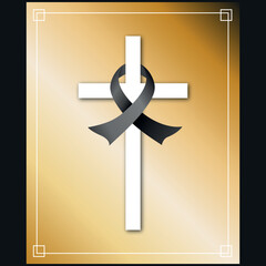 funeral card template with black ribbon and metallic background