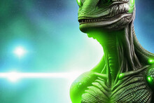 Fantasy Illustration Of Reptilian Green Alien Humanoid Lifeform With Sharp Teeth Glowing Green Blue Light