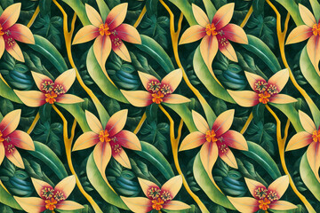 Wall Mural - Seamless jungle floral background Jungle flowers and leaves. Seamless repeat pattern for fabrics, wallpapers, wrappers, postcards, greeting cards, wedding invitations, banners, web. 3d illustration