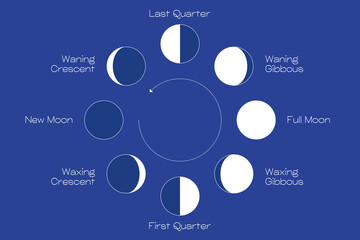 Wall Mural - moon phases scheme sphere shadow cycle astronomy icon set. vector illustration background