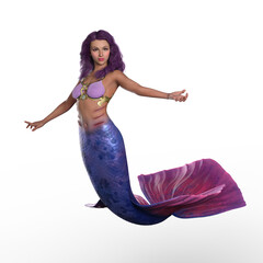 Wall Mural - Gorgeous sexy fantasy mermaid girl with purple hair. 3D rendering isolated on a transparent background.