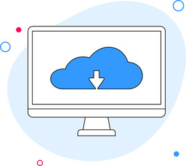 Wall Mural - cloud upload and download icon on computer screen. illustration in line flat style
