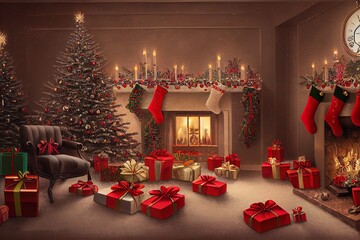 Sticker - Christmas room interior design, decorated tree in garland lights. Digital illustration