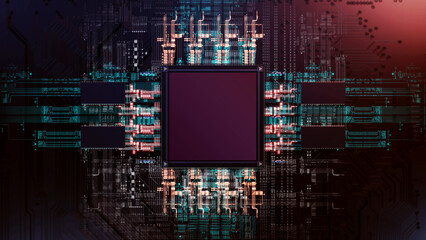 Wall Mural - macro image of a futuristic electronic circuit board with microchips and processors. technology back