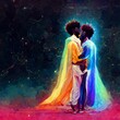 © Eldorado - Two homosexual black people holding and kissing each other, night sky and stars background, glowing characters, afro hair, afro america, vibrant colors, beautiful union, LGBTQ+, diversity inclusion.