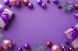 Christmas concept. Top view photo of lilac gift boxes with ribbon bows pink and violet baubles flower snowflake ornaments and sequins on isolated purple background with empty space in the middle