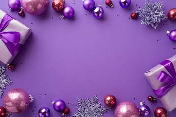 Sticker - Christmas concept. Top view photo of lilac gift boxes with ribbon bows pink and violet baubles flower snowflake ornaments and sequins on isolated purple background with empty space in the middle