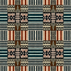 Wall Mural - African kente cloth patchwork effect pattern. Seamless geometric quilt fabric all over background. Patched boho rug safari shirt repetitive tile swatch