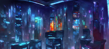 A Futuristic City At Night With Neon Lights, Extraordinary Wallpaper Background. Digital Illustration.