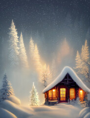 Winter fairy tale, a cozy wooden cottage surrounded by white fir trees covered by snow. Generative AI illustration with copy space