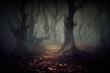 Deep In Fairy Tale Forest, Dark Spooky Trees Silhouettes Along A Misty Path, 3D Digital Illustration
