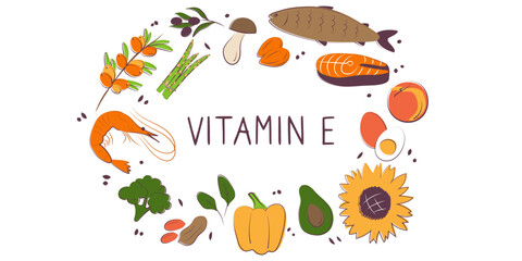  Vitamin E tocopherol. Groups of healthy products containing vitamins. Set of fruits, vegetables, meats, fish and dairy.