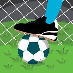 Sticker - Soccer player foot with a ball in a field Vector