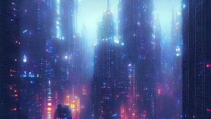 Cityscape of asian cyberpunk city at night. Neon, skyscrapers, fantasy cyber city. 3D illustration