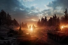 An Explosion Occurs During A Battle Between Tanks And Soldiers On A Battlefield In A Desolate World At Dawn. 3D Rendering.