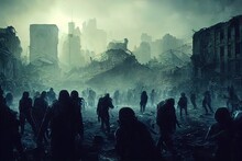 Zombies Horde In Ruined City After An Outbreak. Digital Art Style Painting