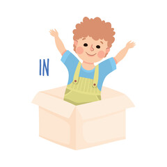 Poster - Little Boy Sitting in Cardboard Box as Preposition Demonstration Vector Illustration