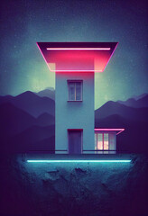 Wall Mural - Futuristic cyberpunk architecture, neon lights, sci-fi, lighthouse in the night