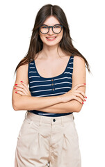 Sticker - Young beautiful caucasian girl wearing casual clothes and glasses happy face smiling with crossed arms looking at the camera. positive person.