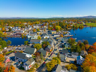 Wall Mural - Wolfeboro historic town center at Lake Winnipesaukee aerial view in fall on Main Street, town of Wolfeboro, New Hampshire NH, USA. 