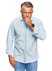 Poster - Middle age grey-haired man wearing casual clothes feeling unwell and coughing as symptom for cold or bronchitis. health care concept.