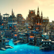Digital concept art of futuristic cityscape. Future city alien world metropolis megapolis skyline. Poster artwork, album cover, game background design.