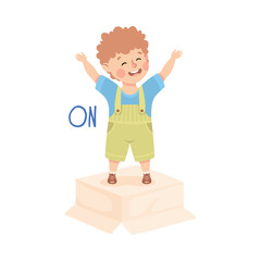 Poster - Little Boy Standing On Cardboard Box with Raised Hands as Preposition Demonstration Vector Illustration