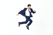 © SHOTPRIME STUDIO - Man business smile with teeth in costume running and jumping flying up open mouth happiness and surprise full-length on white isolated background copy space