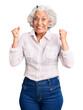 © Krakenimages.com - Senior grey-haired woman wearing casual clothes celebrating surprised and amazed for success with arms raised and open eyes. winner concept.