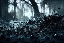 Repugnance Dark Landscape With Mud And Rain Particle, With 3D Illustration. 3d Illustration Forest Landscape, Intense Color.
