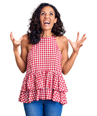 Canvas Print - Middle age beautiful woman wearing casual sleeveless t shirt crazy and mad shouting and yelling with aggressive expression and arms raised. frustration concept.