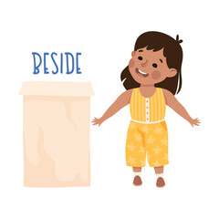 Poster - Little Girl Standing Beside Cardboard Box as Preposition Demonstration Vector Illustration