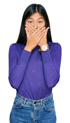 Sticker - Beautiful young asian woman wearing casual clothes shocked covering mouth with hands for mistake. secret concept.