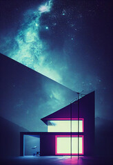 Wall Mural - Abstract futuristic sci-fi building, house in the neon night, minimalistic