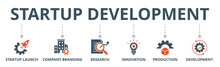 Startup Development Banner Web Icon Vector Illustration Concept With Icon Of Startup Launch, Company Branding, Research, Innovation, Production And Development