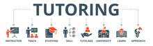 Tutoring Banner Web Icon Vector Illustration Concept With Icon Of Instructor, Teach, Studying, Skill, Tutelage, University, Learn And Approach