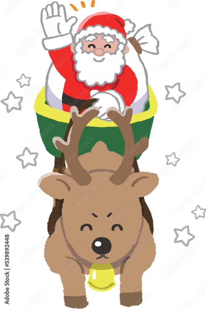 サンタクロースが乗ったソリを引くトナカイのクリスマスイラスト
