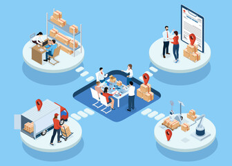 3D isometric Logistics Supply Chain Management and Delivery concept with description of Fleet management, Warehousing, Delivery home and office, Inventory Demand planning. Vector illustration eps10