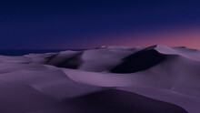 Dusk Landscape, With Desert Sand Dunes. Beautiful Modern Background With Pink Gradient Starry Sky