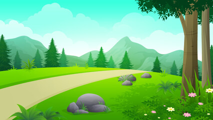 Wall Mural - Cute spring road landscape with mountains illustration in flat cartoon style