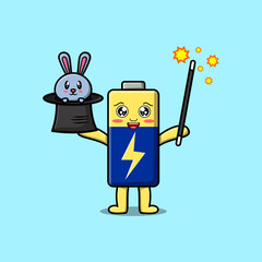 Poster - cute cartoon Battery magician character with bunny character coming out from magic hat