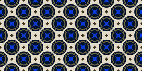 Wall Mural - Modern geometric pattern seamless background abstract round tiles motif mosaic texture. Black blue, white, beige, gold colors palette. Digital illustration, high resolution vector image.