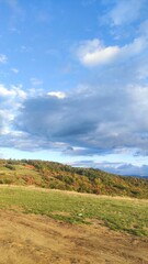 Wall Mural - Gorgeous vertical shot of vast green fields with colorful trees on hills under fluffy clouds