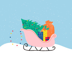 Christmas sleigh with gifts and Christmas tree. Vector. Postcard