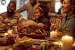 © Drazen - Traditional Thanksgiving turkey during family meal at dining table.